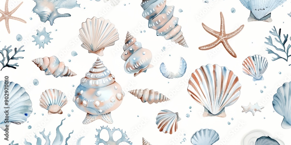 Poster a colorful pattern of seashells and starfish on a white background. the seashells are of various siz