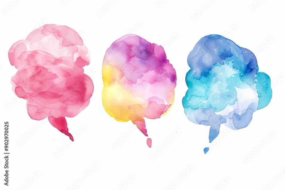 Poster three colorful watercolor bubbles with different colors and sizes. the bubbles are arranged in a row