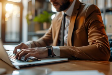 Focused Professional at Work: Businessman in stylish brown suit diligently typing on laptop, bathed in warm sunlight streaming through office window