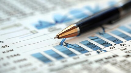 Close-Up Photo of a Pen Pointing to a Blue Bar Chart