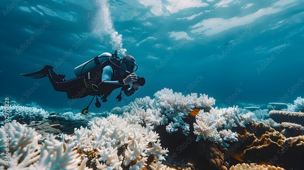 Poster diver photographing stunning coral reef capturing beauty marine life concept