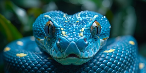 Fototapeta premium A blue snake with yellow spots on its face. The snake is looking at the camera. The image has a calm and peaceful mood