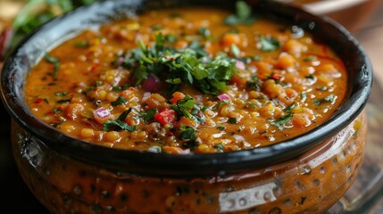 A bowl of soup with a bunch of parsley on top. The soup is orange and has a lot of vegetables in it