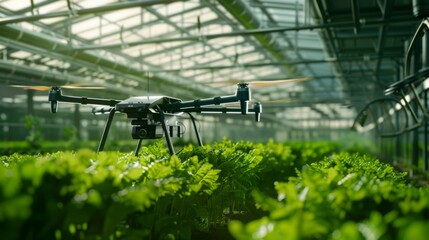 A drone hovers over rows of green plants in a greenhouse. The drone is equipped with a sprayer to apply pesticides or nutrients.