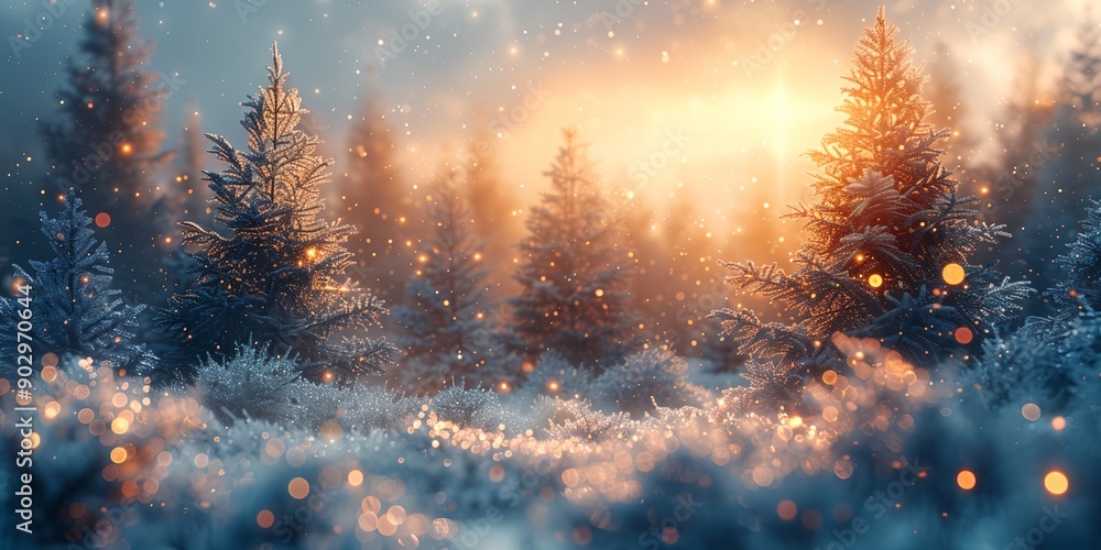 Poster a snowy forest with trees and a bright sun in the background. the snow is sparkling and the trees ar