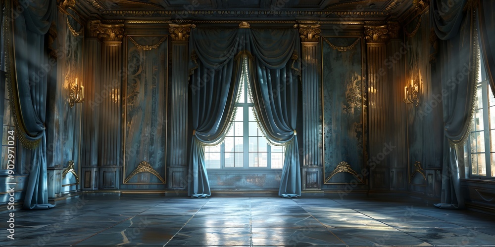 Poster a large room with a window and curtains. the curtains are open, letting in sunlight. the room is emp