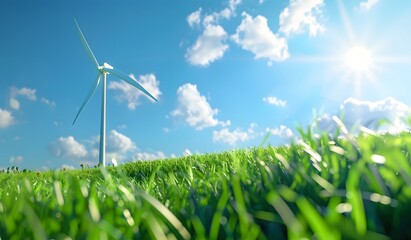 A white wind turbine on a green grass field with a blue sky background.