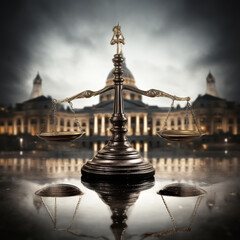 Fototapeta premium generated Illustration of law scales sculpture in front of courthouse.