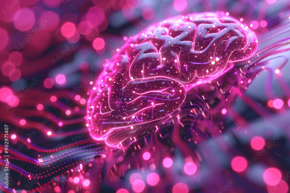 Poster red neural brain on a digital circuit representing technological intelligence and modern design.