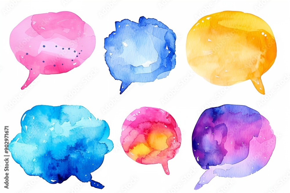 Aufkleber a set of watercolor drawings of speech bubbles in various colors. scene is playful and whimsical, wi