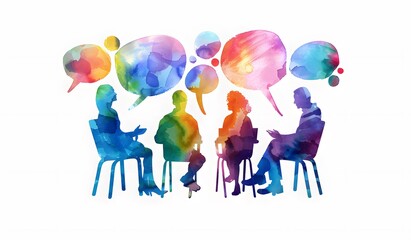 vector watercolor group therapy meeting with colorful speech bubbles on a white background, silhouette of people sitting in chairs talking to each others.