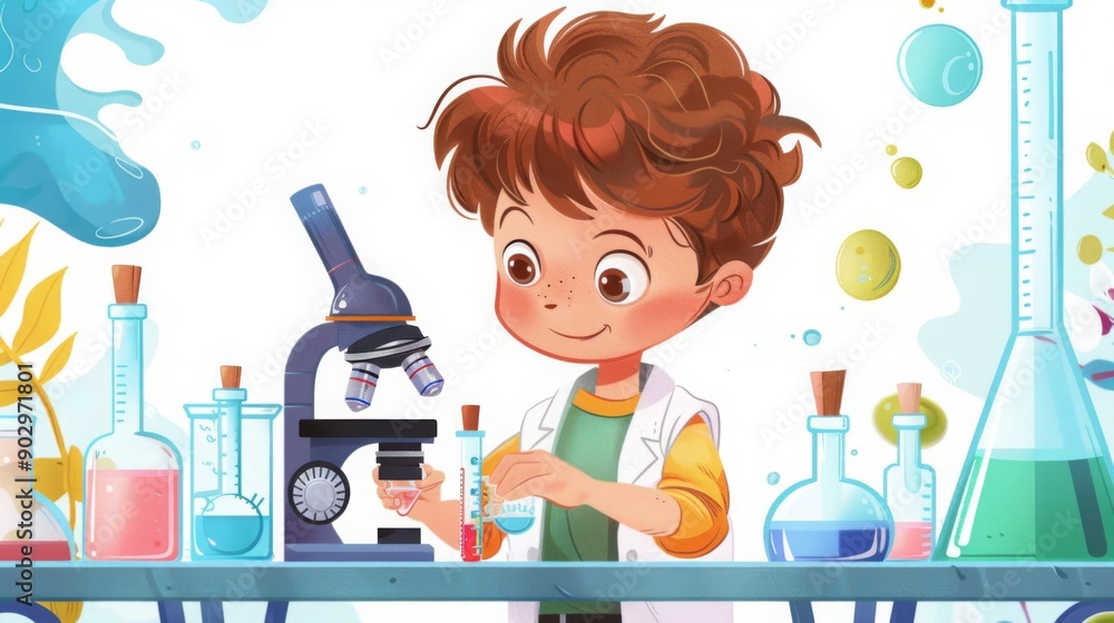 Aufkleber A curious boy experiments with colorful liquids using a microscope and various laboratory equipment in a vibrant lab.