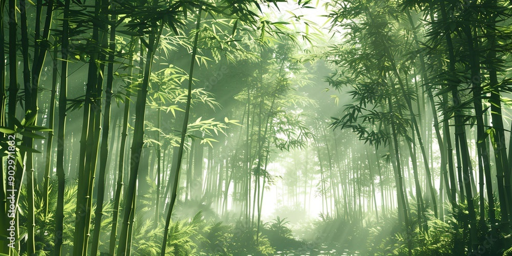 Poster a forest with a path through it. the trees are tall and green. the sunlight is shining through the t