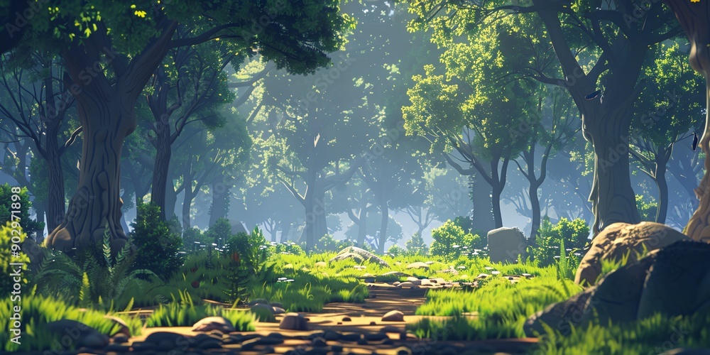 Poster a forest with a path through it. the trees are tall and green, and the grass is short and lush. the 