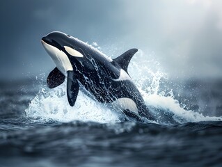 Obraz premium Majestic Orca Breaching in Dramatic Oceanic Seascape