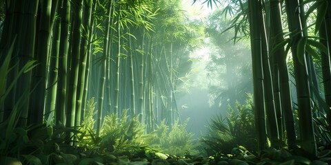 A lush green forest with tall bamboo trees. The sunlight is shining through the trees, creating a serene and peaceful atmosphere