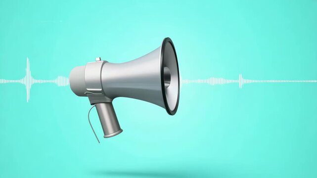 Silver megaphone with sound waves on teal