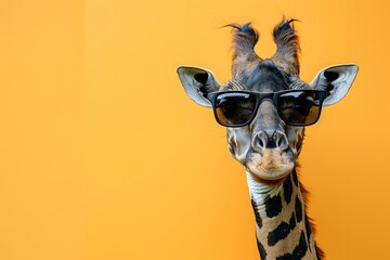 Obraz premium Stylish Giraffe Posing with Sunglasses Against a Bright Orange Background