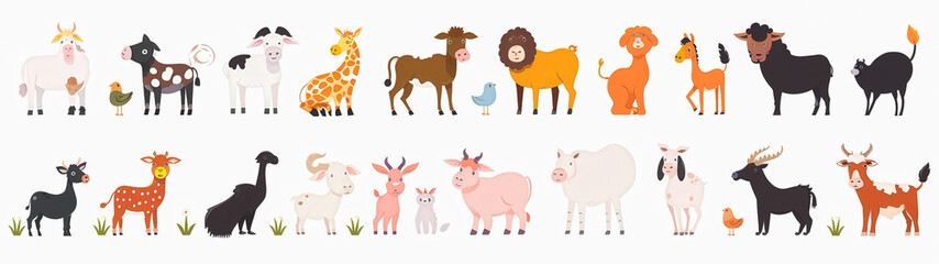 Obraz premium A row of cartoon animals, including cows, sheep, and goats