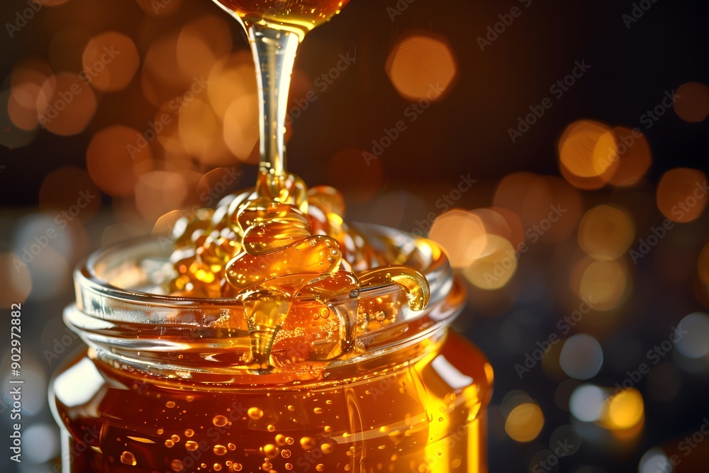Poster golden honey dripping from a jar with sparkling bokeh background