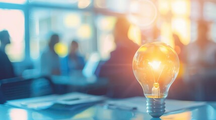 Business meeting with idea generation tools, right-aligned, pastel background, high resolution,