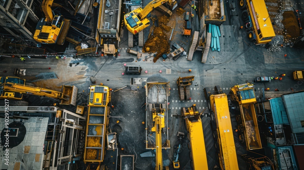 Poster a wide-angle view of a transport operation involving multiple construction machines