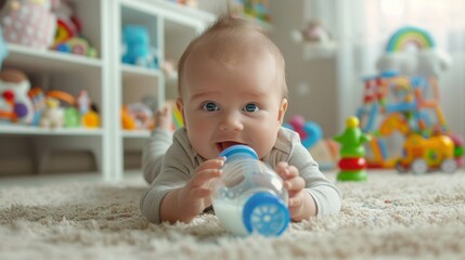 The baby with milk bottle