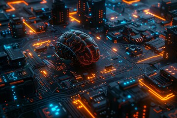 Obraz premium Dark brain on a circuit board showcasing advanced technology and neural networks in a high tech environment.