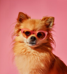 Stylish Pomeranian Dog Wearing Heart-Shaped Sunglasses.