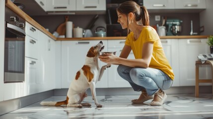 The woman feeding dog