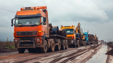 A convoy of trucks transporting various construction machines to a new site