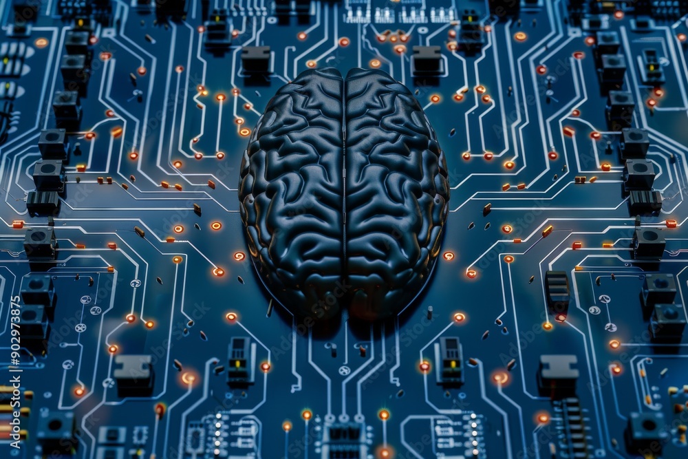 Poster blue brain on a circuit board representing technological intelligence and innovative design in a dig
