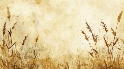 A painting of a bunch of grass with a yellowish color. The painting has a calm and peaceful mood