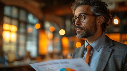 Obraz premium A man in a suit examines charts, deep in thought, while attending a strategic meeting in a dimly lit urban office setting