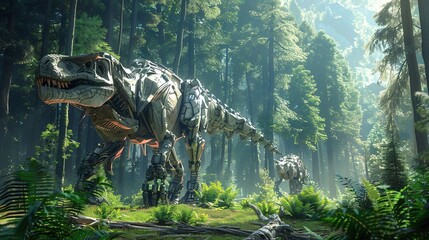 Robotic dinosaurs explore a vibrant, sunlit forest filled with lush greenery and towering trees, creating a striking blend of nature and technology