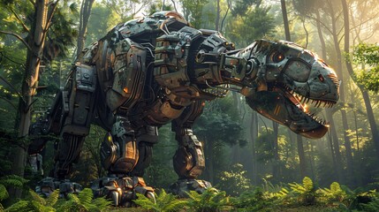 A robotic Tyrannosaurus Rex stands among vibrant ferns in a sunlit forest, blending technology with nature in a captivating display