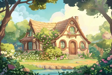 Fototapeta premium Charming fairytale cottage surrounded by lush greenery and blooming flowers, with a peaceful stream flowing by, perfect idyllic scenery.