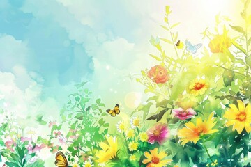 Fototapeta na wymiar Colorful watercolor painting of a vibrant garden with blooming flowers and butterflies on a sunny day.