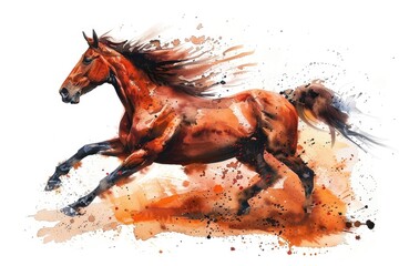 Dynamic watercolor painting of a galloping horse in earthy tones, capturing the spirit and energy of the animal in motion.