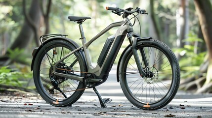 Fototapeta premium An electric bicycle stands parked on a pathway, surrounded by vibrant greenery and dappled sunlight filtering through trees