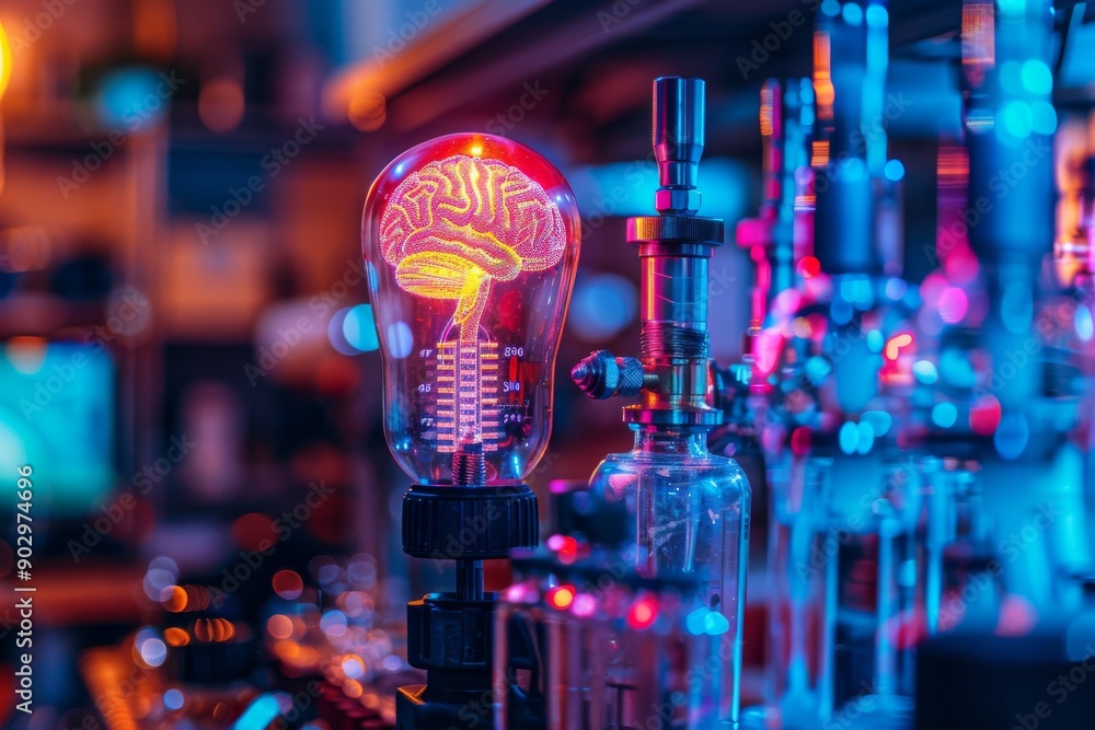 Poster brain in a laboratory setting with glowing elements showcasing scientific research and technological