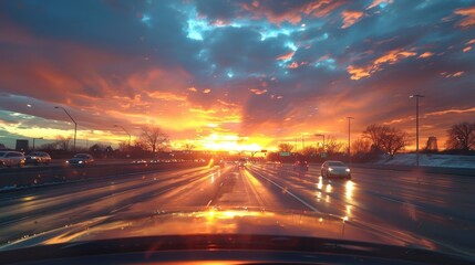 A car is driving down a road with trees in the background. The sky is cloudy and the sun is setting