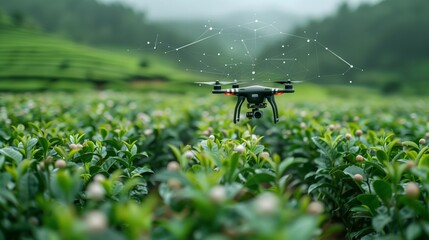 Drones are scanning expansive tea fields to monitor the health of the plants against a backdrop of stunning hills.