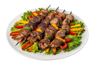 A platter of grilled meat on kebabs with red and yellow peppers, green lettuce and white onion slices against isolated on transparent or white background