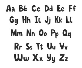 Cute hand drawn font. Vector English alphabet with small and capital letters in children's style. 