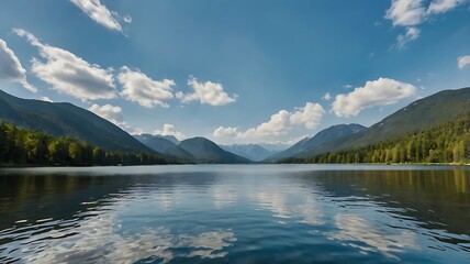 Fototapeta premium clear blue lake surrounded by tall mountains and a forest,