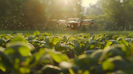 A drone hovers over a field of green crops, spraying them with a fine mist as the sun sets in the background.