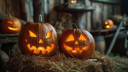 Fototapeta premium Two pumpkins with glowing eyes and teeth on their faces sit on a hay bale. Scene is spooky and Halloween-like