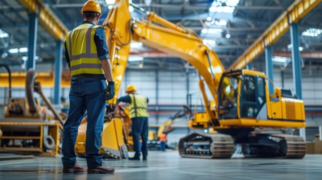 Technicians servicing a large excavator in a construction machinery workshop - Powered by Adobe