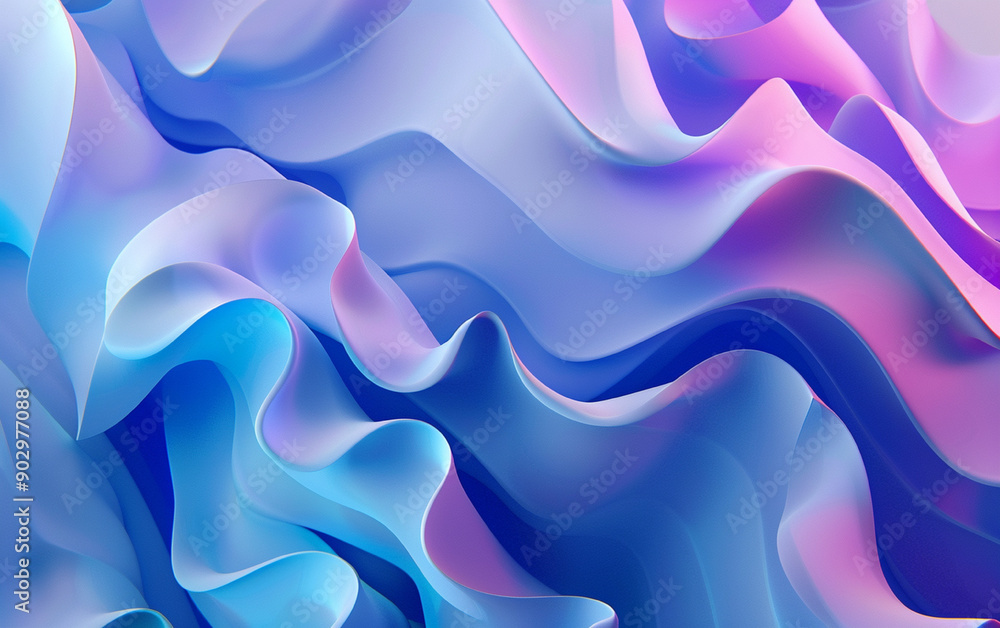 Poster 3d render of abstract fluid shapes with a blue and purple gradient background, showcasing smooth tra